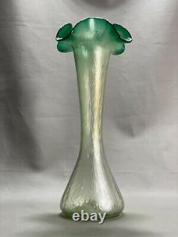 Vintage Czech Lustre Green Tall Iridescent Art Nouveau Glass Vase Kralik Loetz