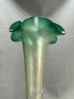 Vintage Czech Lustre Green Tall Iridescent Art Nouveau Glass Vase Kralik Loetz