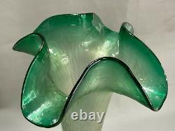 Vintage Czech Lustre Green Tall Iridescent Art Nouveau Glass Vase Kralik Loetz