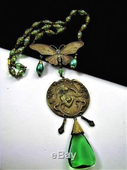 Vintage Czecho Art Nouveau Handcrafted Maiden Green Crystal Necklace 22 1/2