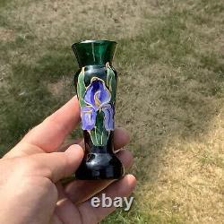 Vintage Emerald Green Glass Vase Enamel Flower Moser Nouveau 1900