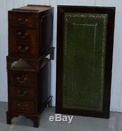 Vintage Flamed Mahogany Twin Pedestal Partner Desk Green Leather Gold Leaf Top