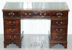 Vintage Flamed Mahogany Twin Pedestal Partner Desk With Green Leather Top