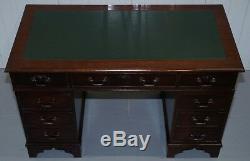 Vintage Flamed Mahogany Twin Pedestal Partner Desk With Green Leather Top