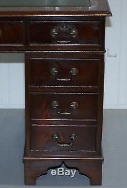 Vintage Flamed Mahogany Twin Pedestal Partner Desk With Green Leather Top