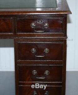 Vintage Flamed Mahogany Twin Pedestal Partner Desk With Green Leather Top