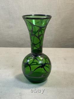 Vintage Green Art Glass Vase Hand Painted Silver Overlay Art Nouveau Style#008