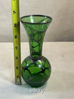 Vintage Green Art Glass Vase Hand Painted Silver Overlay Art Nouveau Style#008