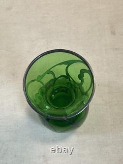 Vintage Green Art Glass Vase Hand Painted Silver Overlay Art Nouveau Style#008