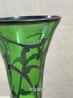 Vintage Green Art Glass Vase Hand Painted Silver Overlay Art Nouveau Style#008