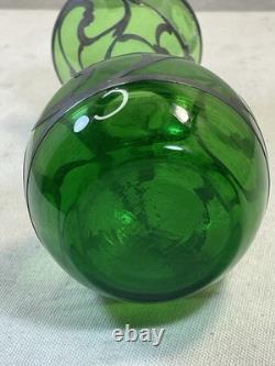 Vintage Green Art Glass Vase Hand Painted Silver Overlay Art Nouveau Style#008