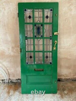Vintage Green External Stained Glass Front Door inc 2 Brass Art Nouveau Handles