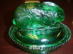 Vintage Greentown Green Glass Rabbit on Nest RARE