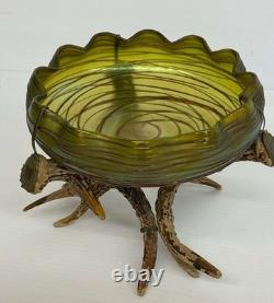 Vintage Johann Loetz Threaded Green Iridescent Art Nouveau Bowl Circa 1900 NICE