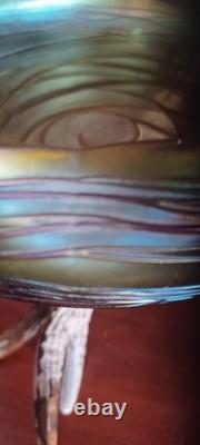 Vintage Johann Loetz Threaded Green Iridescent Art Nouveau Bowl Circa 1900 NICE