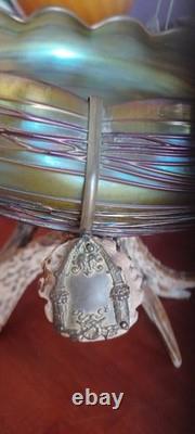 Vintage Johann Loetz Threaded Green Iridescent Art Nouveau Bowl Circa 1900 NICE