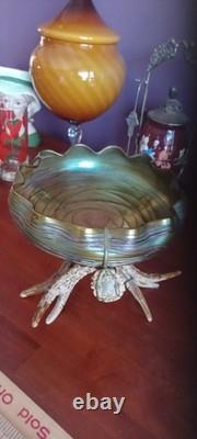 Vintage Johann Loetz Threaded Green Iridescent Art Nouveau Bowl Circa 1900 NICE