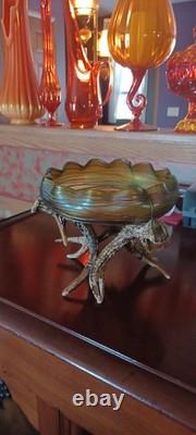Vintage Johann Loetz Threaded Green Iridescent Art Nouveau Bowl Circa 1900 NICE