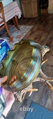 Vintage Johann Loetz Threaded Green Iridescent Art Nouveau Bowl Circa 1900 NICE