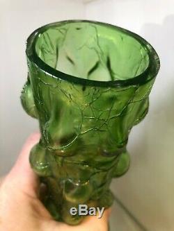 Vintage Kralik Art Nouveau Glass Vase Iridescent Crackle Green