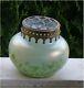 Vintage Loetz 1900s Iridescent Green Glass Vase With Brass Flower Frog Vase