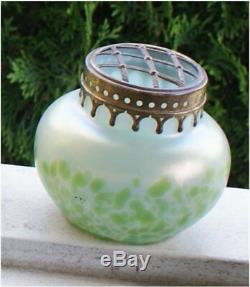 Vintage Loetz 1900s Iridescent GREEN Glass Vase with BRASS Flower Frog VASE