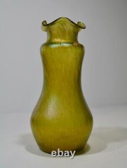 Vintage Loetz Austria Art Nouveau Art Glass Iridescent Green Ruffled Rim Vase