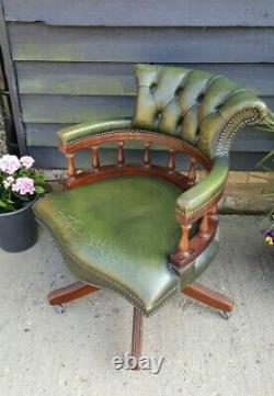Vintage Mahogany Green Leather Captains Chair