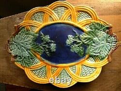 Vintage Majolica Platter Corn Look Ivy Blue Green Yellow Basket Unmarked 13