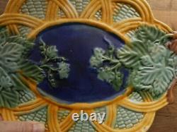 Vintage Majolica Platter Corn Look Ivy Blue Green Yellow Basket Unmarked 13
