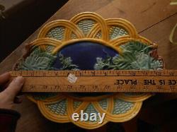 Vintage Majolica Platter Corn Look Ivy Blue Green Yellow Basket Unmarked 13