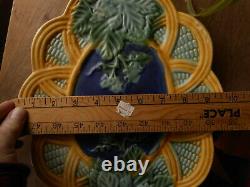 Vintage Majolica Platter Corn Look Ivy Blue Green Yellow Basket Unmarked 13