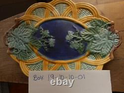 Vintage Majolica Platter Corn Look Ivy Blue Green Yellow Basket Unmarked 13