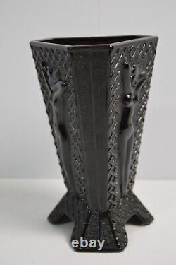 Vintage McKee Black Amethyst Glass Art Nouveau Nude Lady 3 Sided Triangle Vase