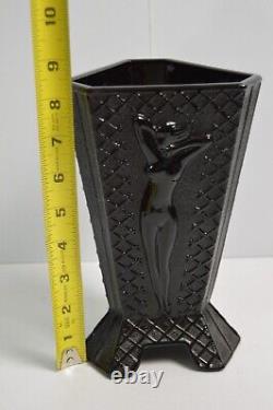 Vintage McKee Black Amethyst Glass Art Nouveau Nude Lady 3 Sided Triangle Vase