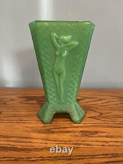 Vintage McKee Green Glass Art Nouveau Nude Lady 3 Sided Vase