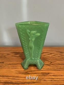 Vintage McKee Green Glass Art Nouveau Nude Lady 3 Sided Vase