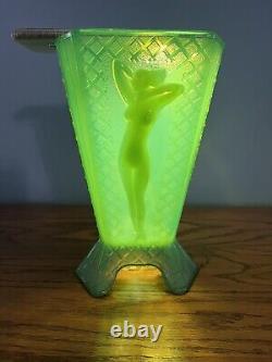 Vintage McKee Green Glass Art Nouveau Nude Lady 3 Sided Vase