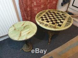 Vintage Mid Century Faux Green Marble Brass Base Coffee Chess Table & Side Table