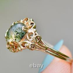 Vintage Moss Agate Art Nouveau Inspired Design 9ct Yellow Gold Ring