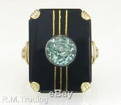 Vintage PSCO 10K Gold 1.50ct Blue Green Spinel & Black Onyx Dinner Ring