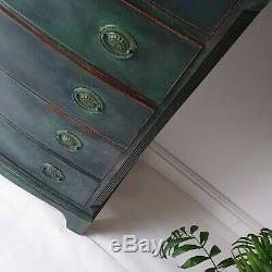 Vintage Painted Bow Fronted Green Antique Style Tallboy Chest of Drawers