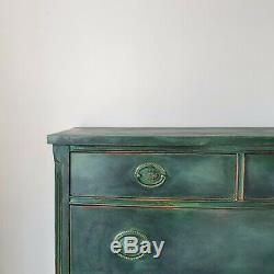 Vintage Painted Bow Fronted Green Antique Style Tallboy Chest of Drawers