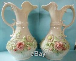 Vintage Pair Of Irish Belleek Applied Colored Floral Lg Pitchers Green Mark