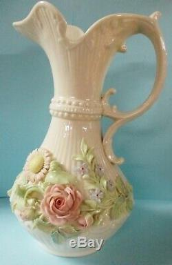 Vintage Pair Of Irish Belleek Applied Colored Floral Lg Pitchers Green Mark
