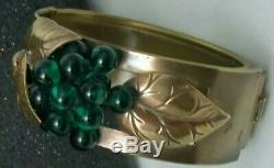Vintage Rare Coro Art Nouveau Hunter Green Glass Sprigs Leaves Bangle Bracelet