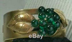 Vintage Rare Coro Art Nouveau Hunter Green Glass Sprigs Leaves Bangle Bracelet