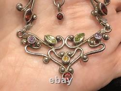 Vintage Silver Art Nouveau Style Gem Set Necklace, Amethyst, Peridot, Garnets