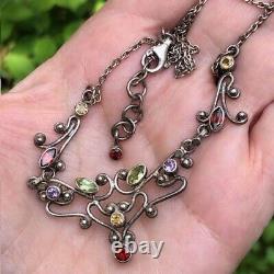 Vintage Silver Art Nouveau Style Gem Set Necklace, Amethyst, Peridot, Garnets