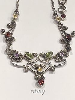 Vintage Silver Art Nouveau Style Gem Set Necklace, Amethyst, Peridot, Garnets